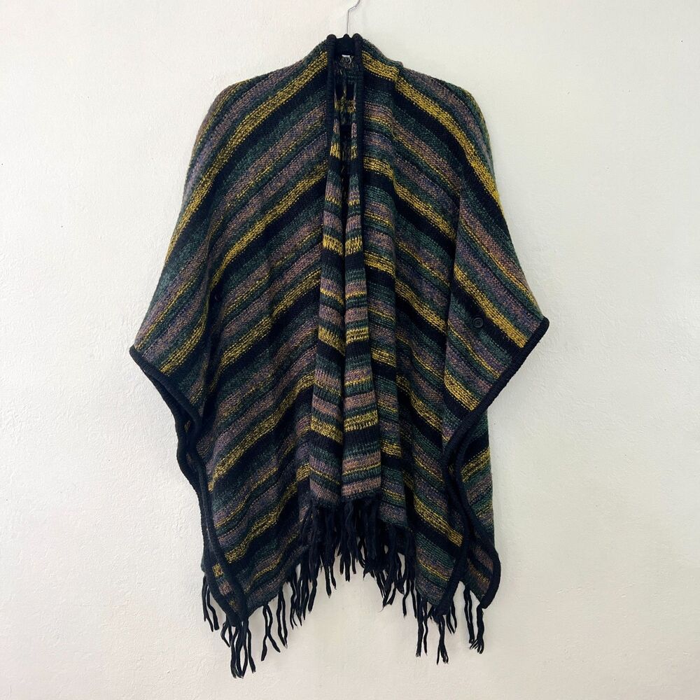 Kensie Tissue Knit Blanket Cardigan Cozy Poncho Sweater Black Green Striped (OS)